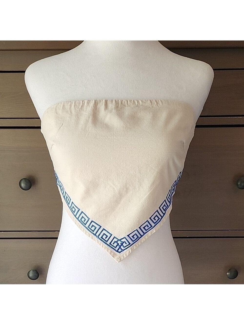 Cream Tied Back Strapless Top with Blue Greek Key Design Size XS
